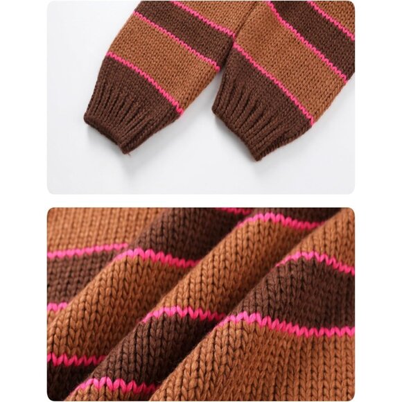 Chic Brown Stripe Turtleneck Sweater for Women - Cozy Fall Winter Knitwear - Picture 8 of 8